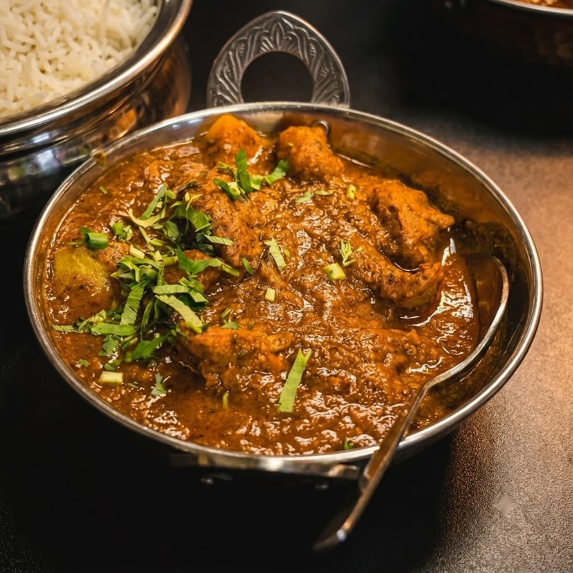 Rich, dark orange curry with chicken and green herbs in a silver bowl with a spoon.