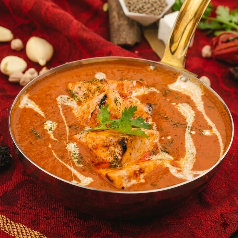 Indian butter chicken or paneer in a copper pot with cream swirls and cilantro garnish.