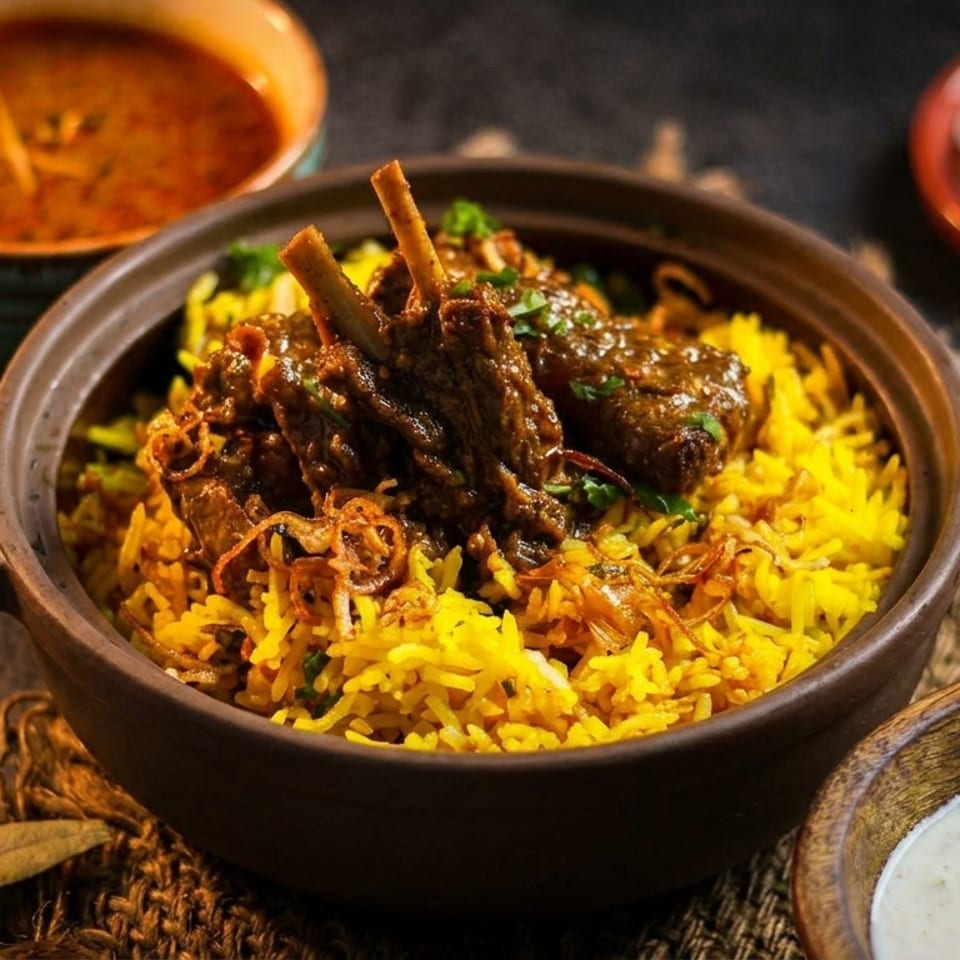 Lamb biryani in a clay pot, with side dishes of curry, raita, and sliced onions.