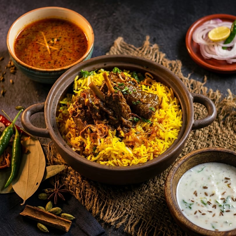 Mutton biryani in a clay pot with curry, raita, and sliced onions on a dark background.