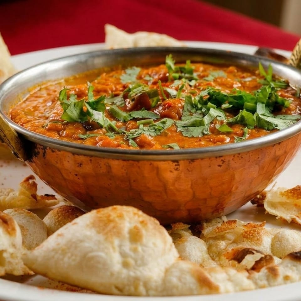 A copper bowl of Indian curry with cilantro, surrounded by pieces of naan bread on a white plate.