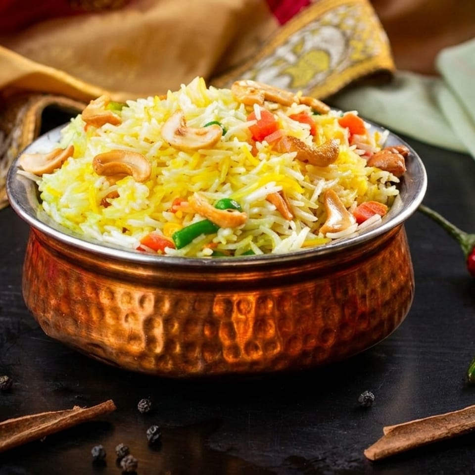 A copper bowl filled with yellow rice, cashews, and vegetables, with spices and chilies nearby.