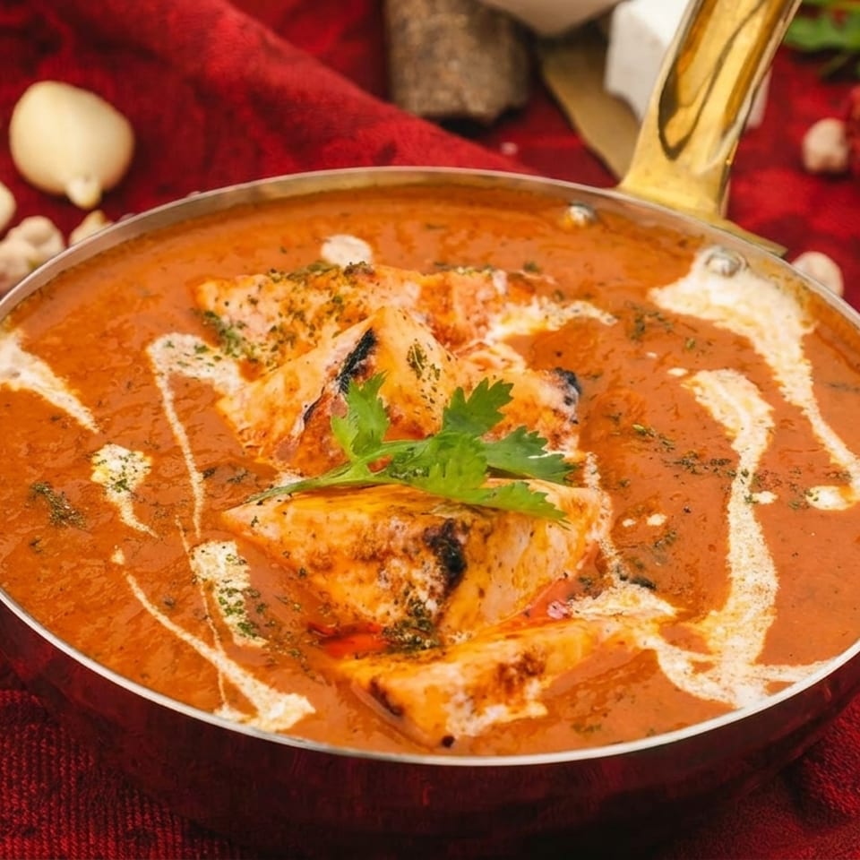 Paneer butter masala in a brass pan, garnished with cream and cilantro on a red cloth.