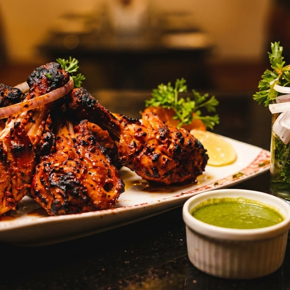 Grilled chicken drumsticks with red onion, lemon, parsley, and green chutney on a dark table.